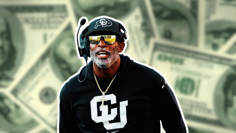 Deion Sanders wearing Colorado Buffaloes gear against a background showing Net Worth.
