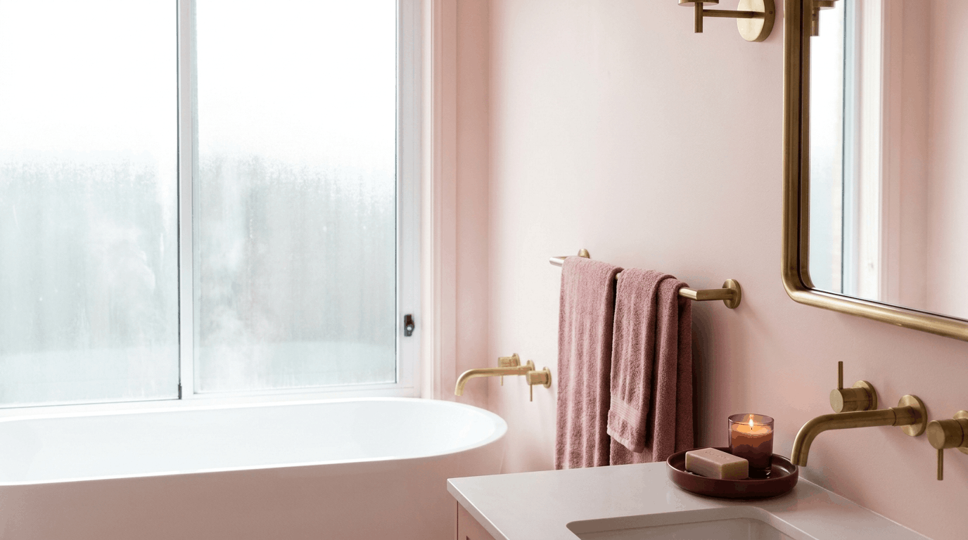 Monochromatic pink bathroom featuring blush walls, dusty-rose towels, and a burgundy accessory tray set.