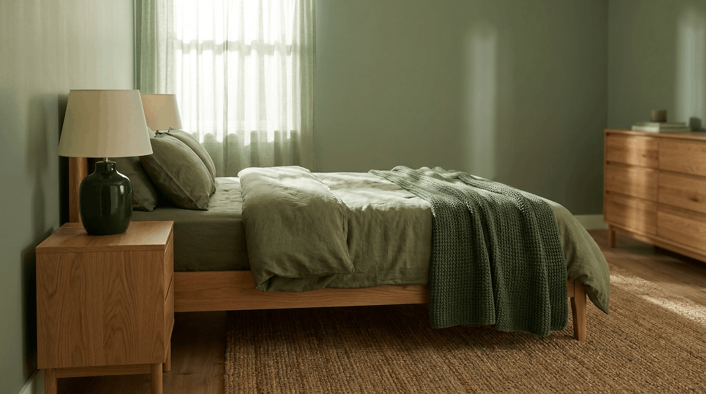 Monochromatic green bedroom with sage walls, olive bedding, forest-green throw, and warm wood furniture.
