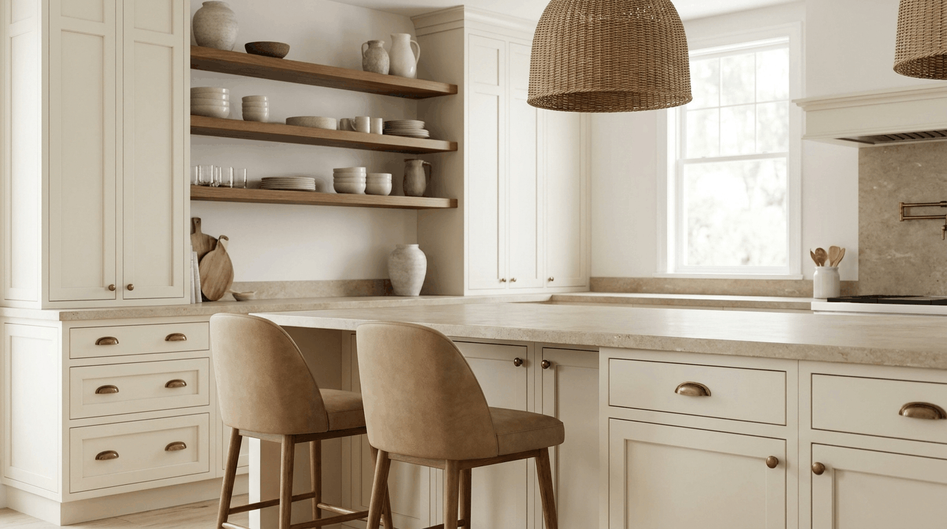 Monochromatic beige kitchen showing cream cabinets, beige stone counters, and warm tan bar stools nearby.
