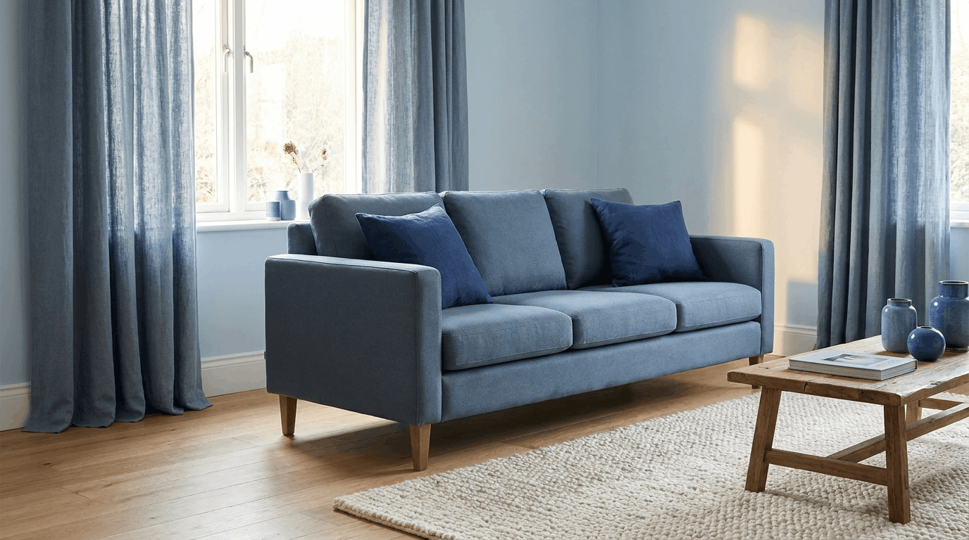  Monochromatic blue living room featuring pale blue walls, a slate-blue sofa, and navy accent pillows.