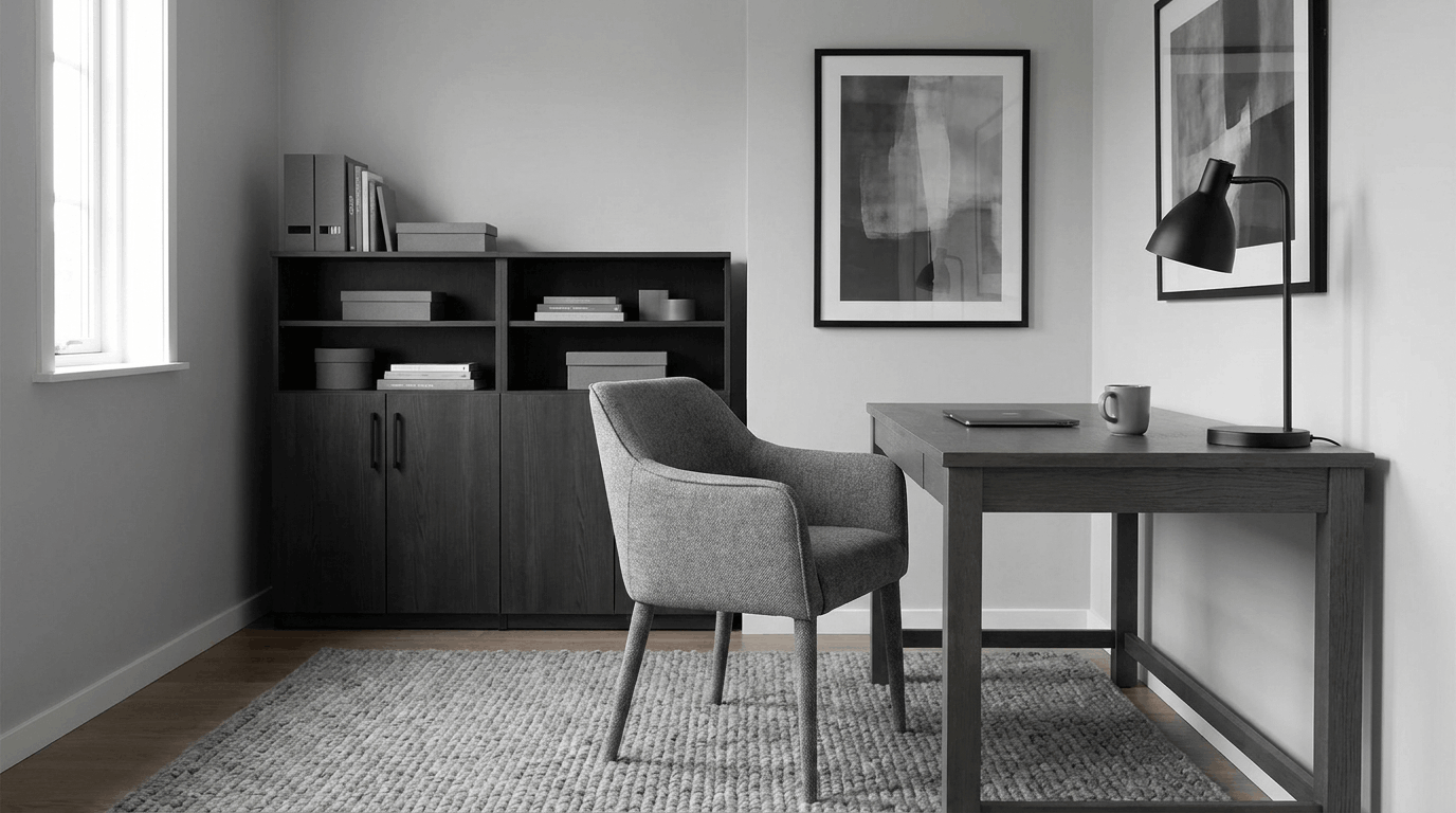 Monochromatic gray home office featuring light gray walls, charcoal storage, and sharp black accents.