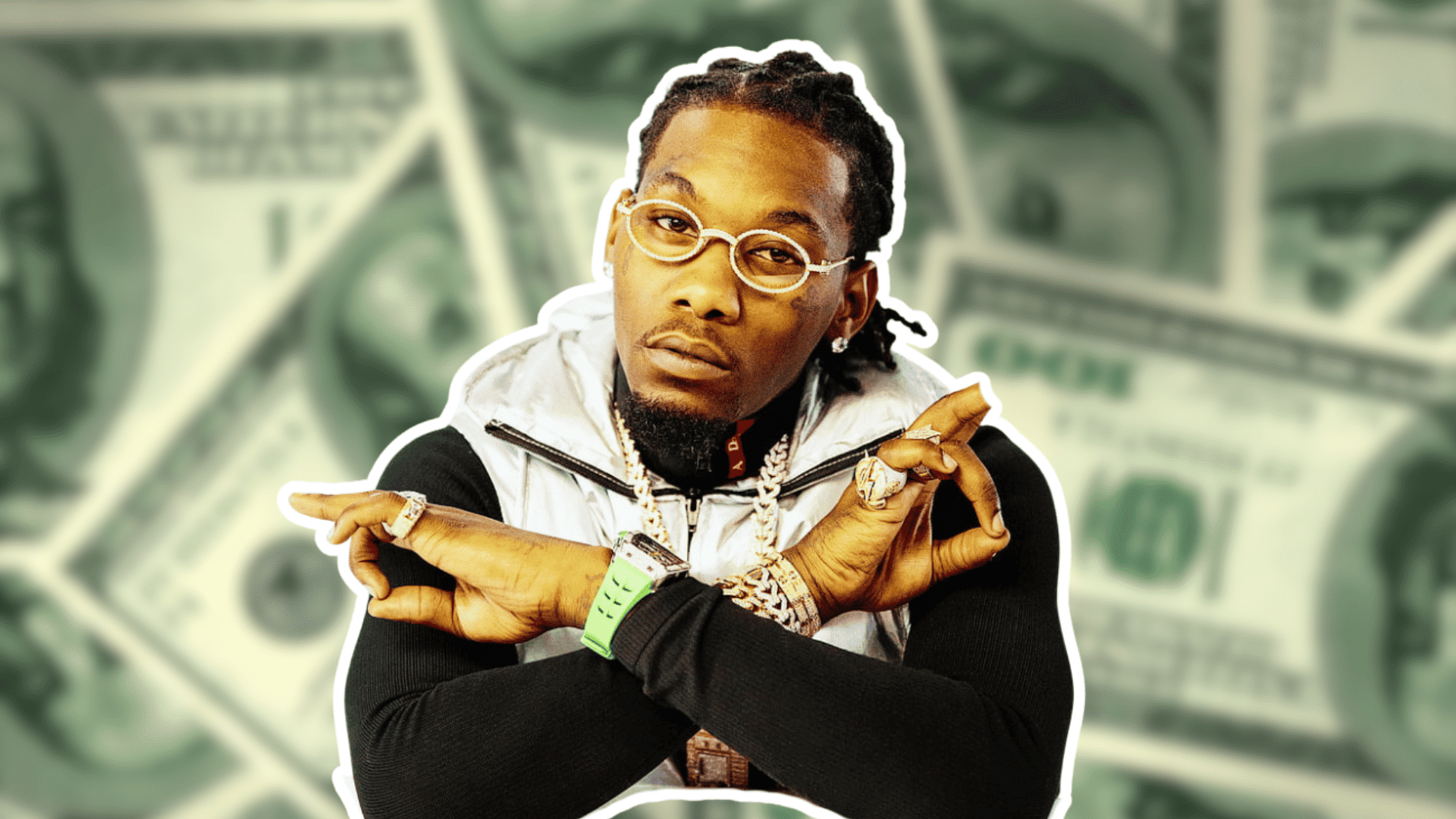 Offset featured with luxury lifestyle imagery highlighting his music career and wealth.