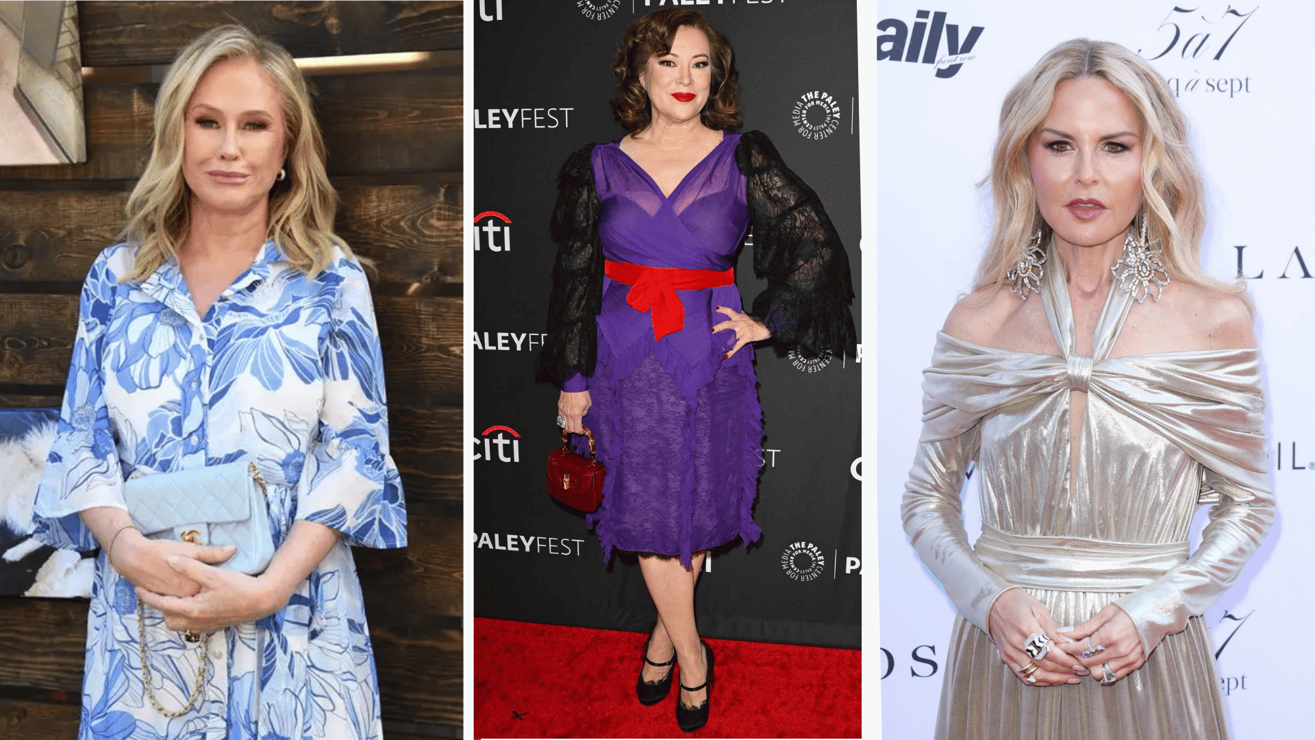 A three-photo collage featuring Kathy Hilton in a blue floral dress, Jennifer Tilly in a purple dress on a red carpet, and Rachel Zoe in a metallic silver gown.