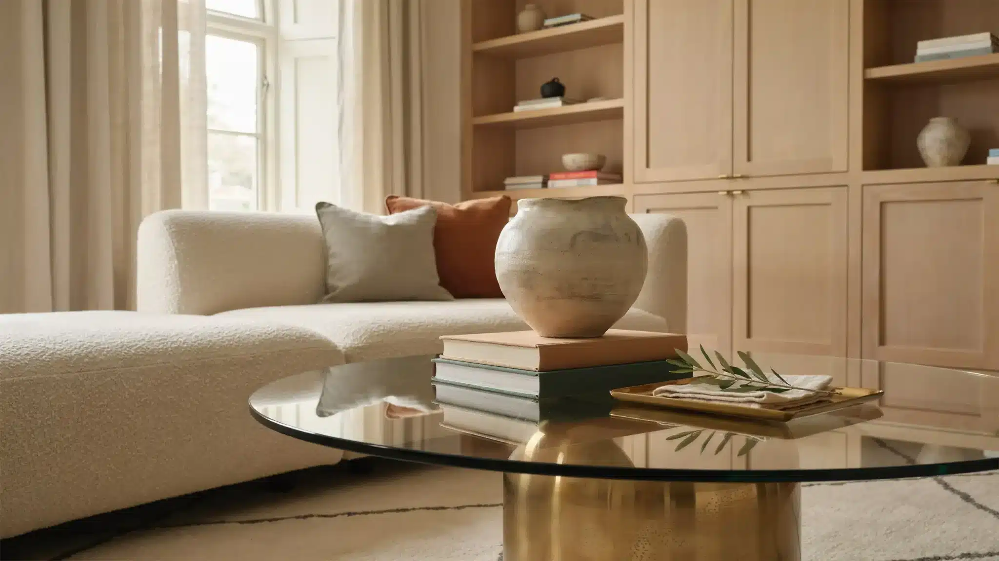 Round glass coffee table styled with stacked books, a ceramic vase, and a brass tray in a neutral living room.