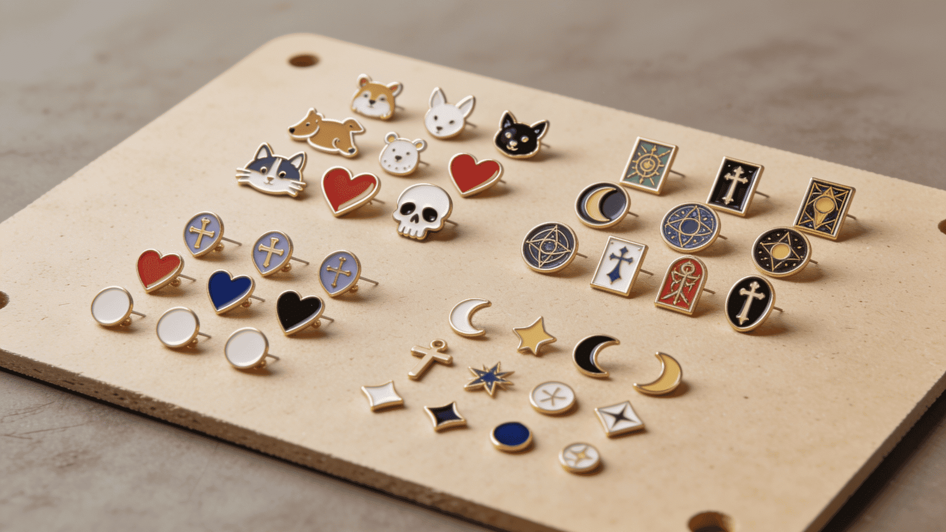 A wooden tray displaying various handmade DIY enamel pins with heart, skull, animal, and star designs.