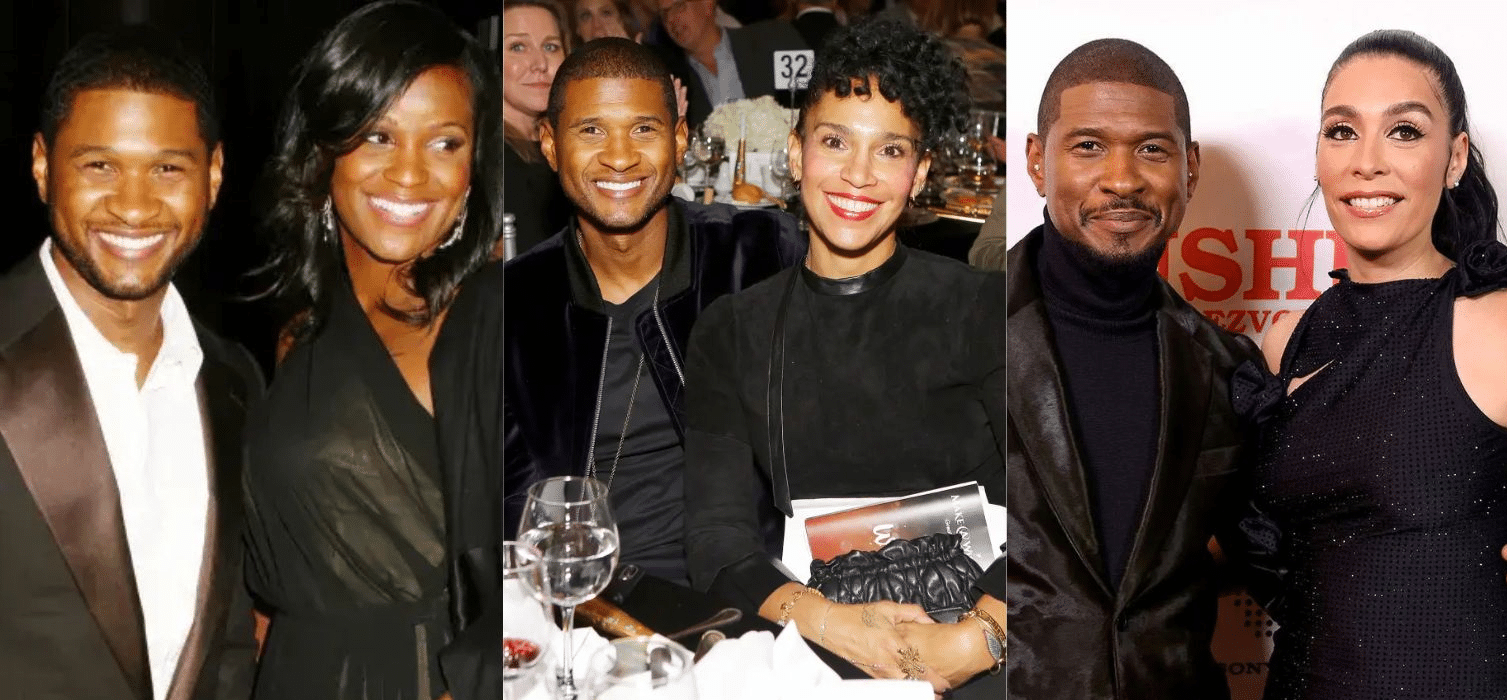 Usher with his ex-wives and current wife at different public events and formal occasions.