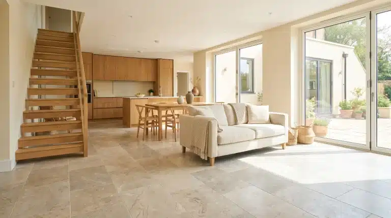 Spacious open-plan living area with wooden staircase, cream sofa, and dining table near large windows