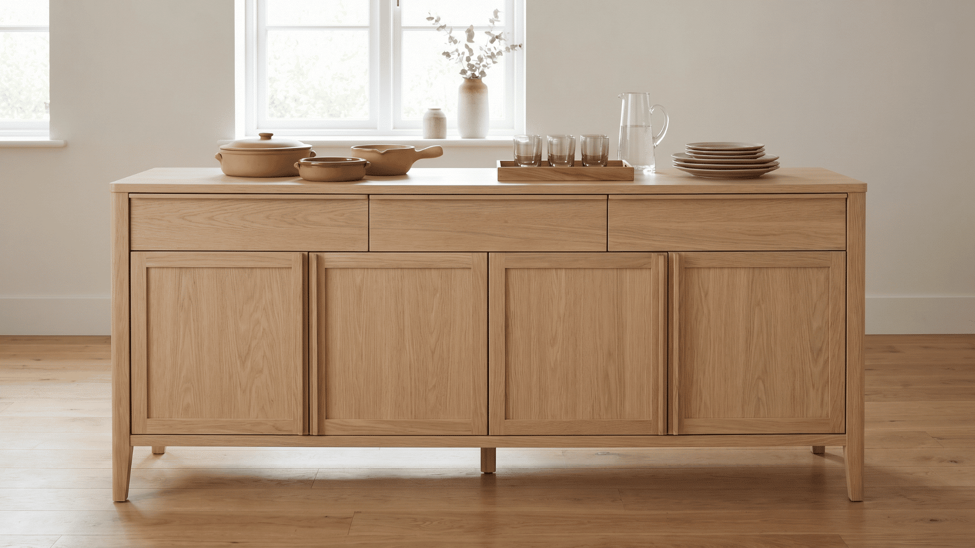 A long, low wooden buffet table with drawers and cabinets standing against a wall in a bright dining room.