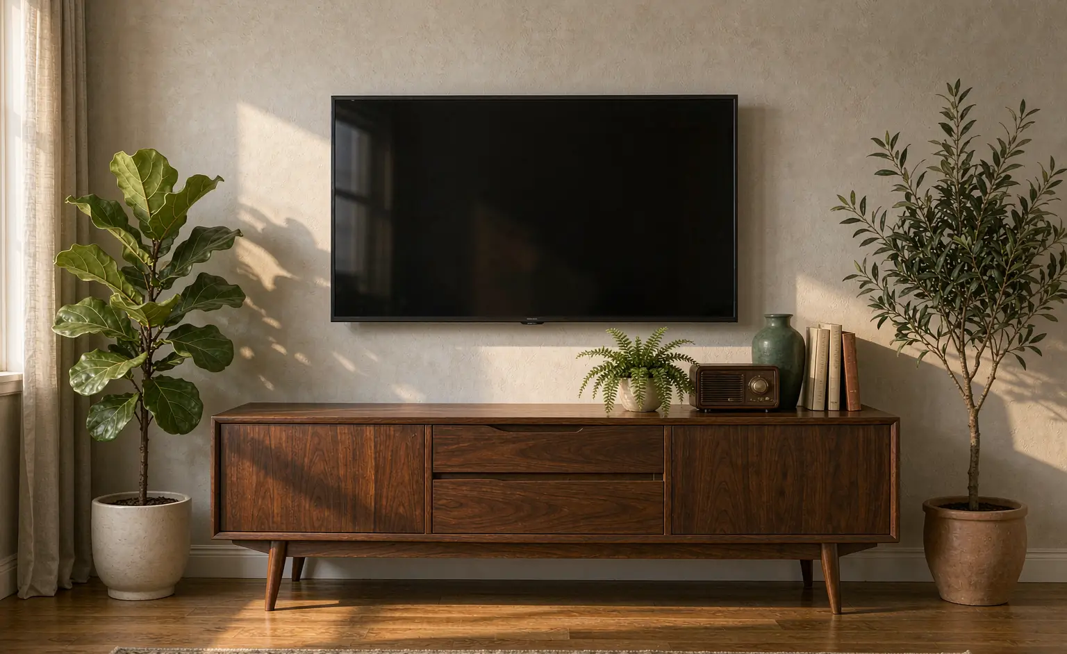 Mid-century modern living room with wooden cabinet, wall-mounted TV, and potted plants under soft lighting