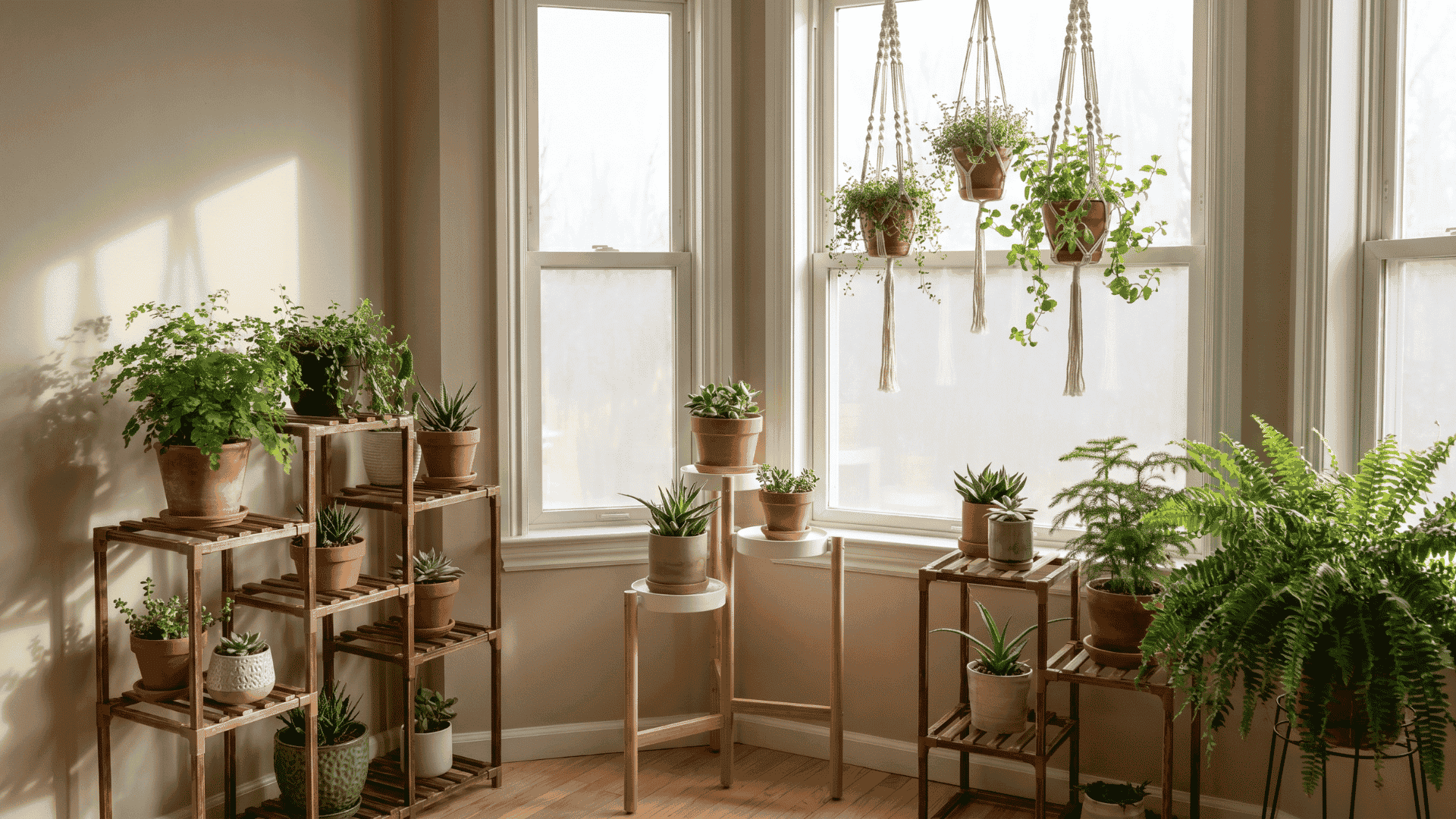 Sunlit morning room corner decorated with indoor potted plants, hanging planters, and large windows.