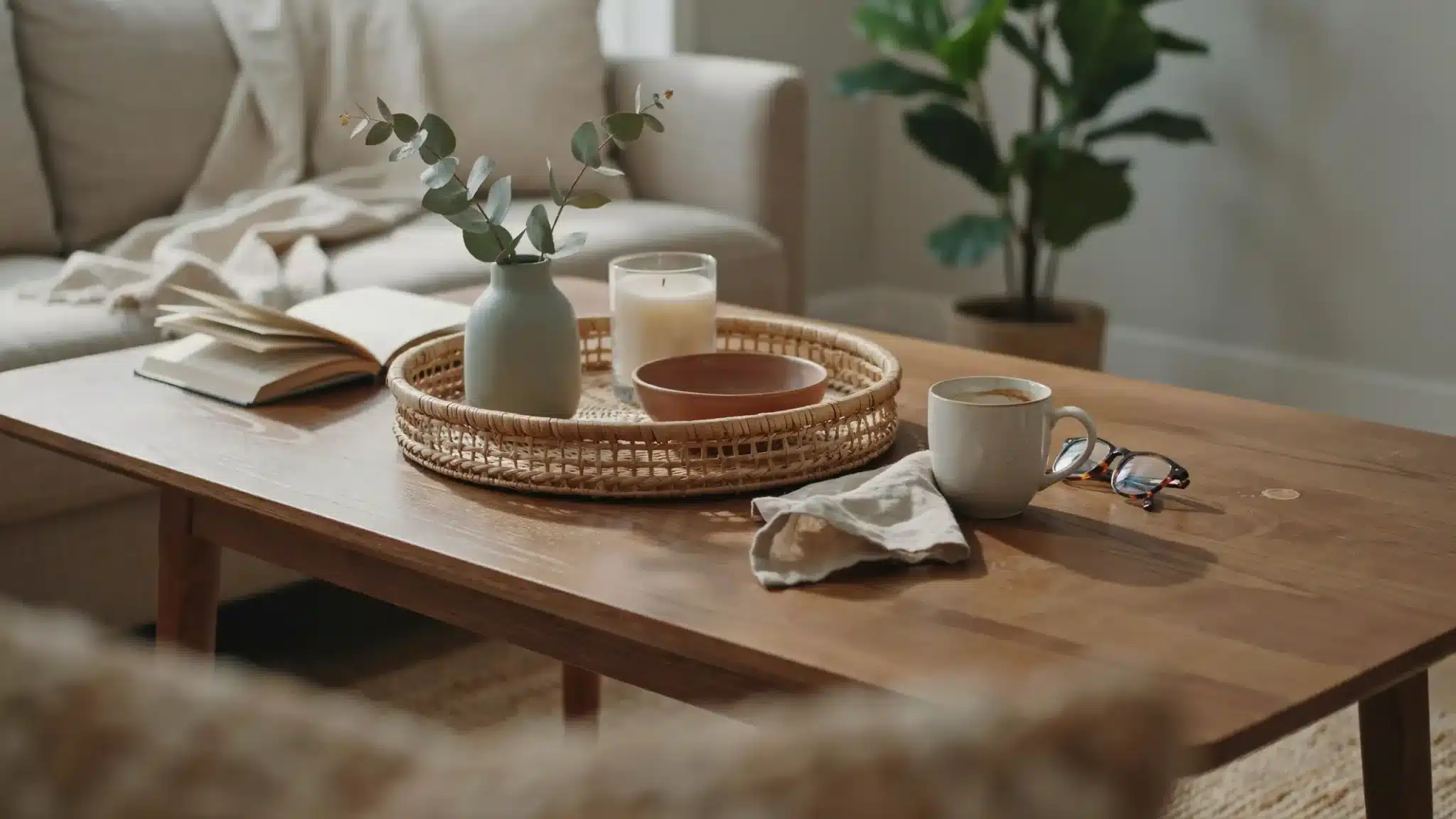 Woven tray anchors a coffee table display with a vase, candle, bowl, book, and coffee mug.