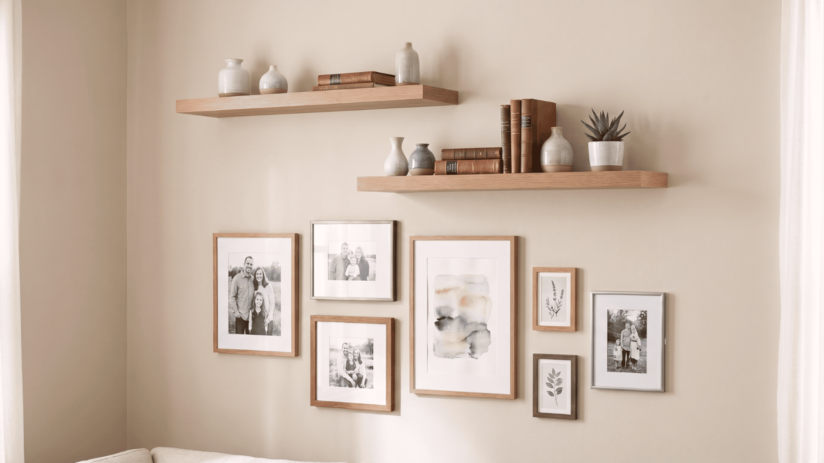 Morning room featuring a decorative gallery wall with framed art prints, floating shelves, and books.