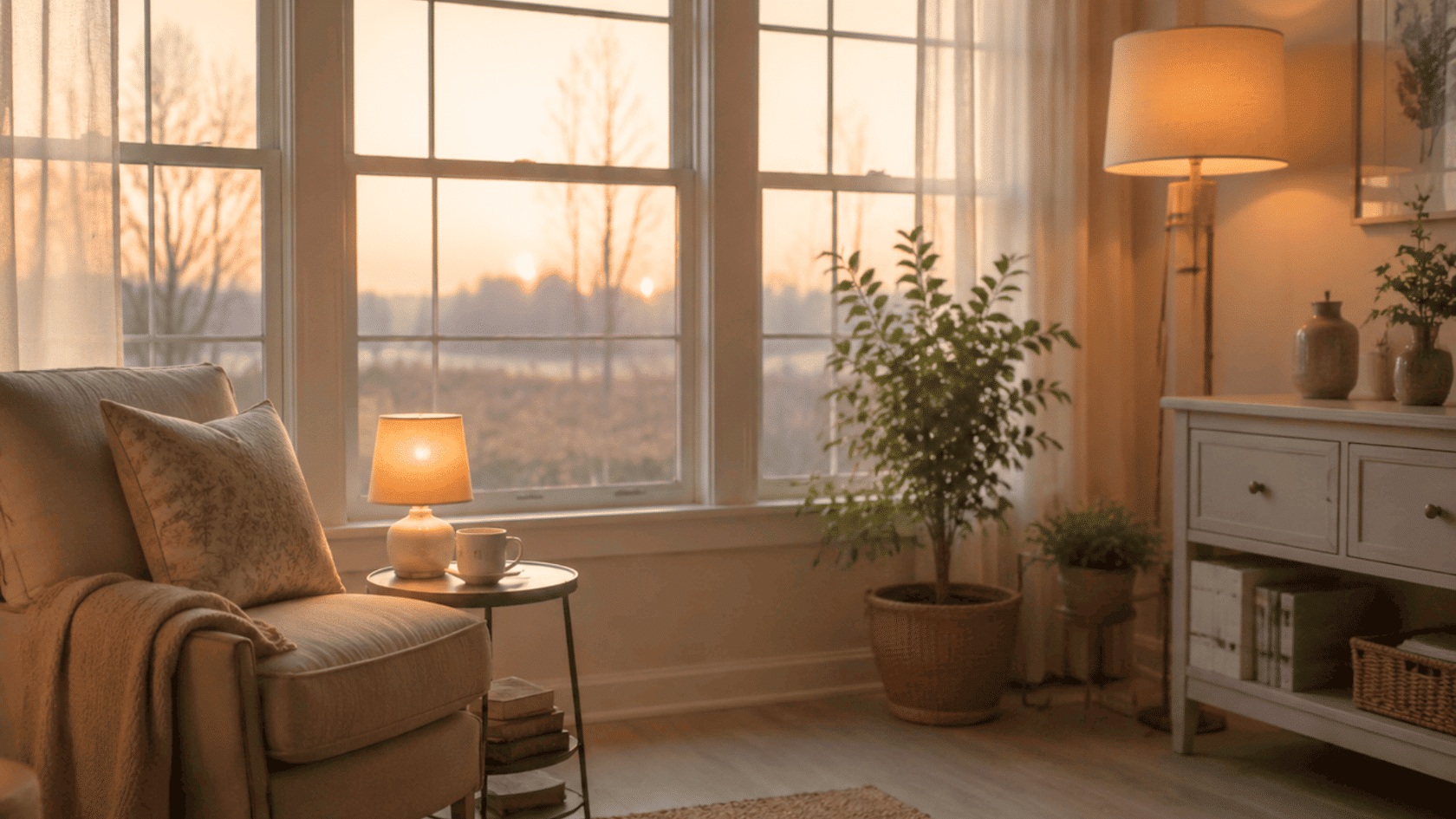 Morning room featuring warm table lamps, a floor lamp, and indoor plants during early daylight hours.