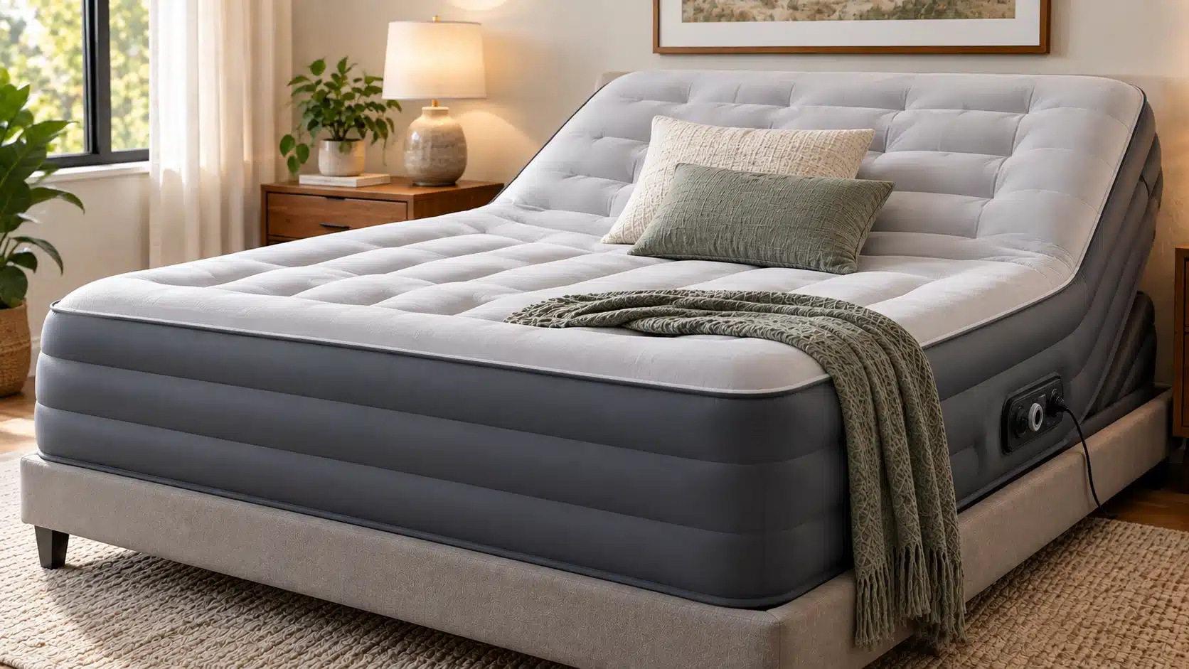 Adjustable air mattress on a modern bed with a raised head section, cushioned surface, and neutral bedroom decor