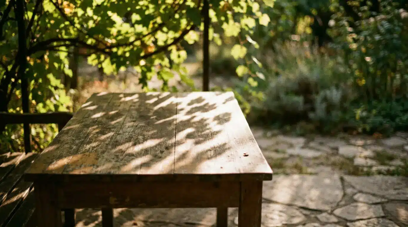 Wooden table in a sunlit garden with leafy shadows and stone pathway