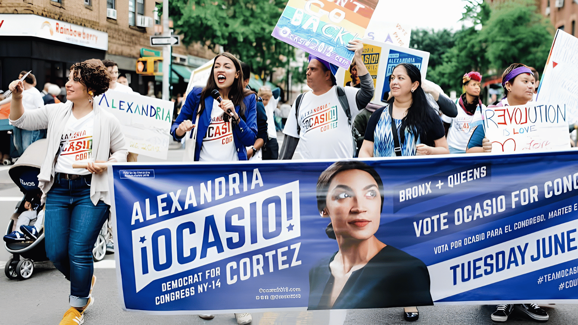 Alexandria Ocasio-Cortez and supporters march with a campaign banner during a parade.