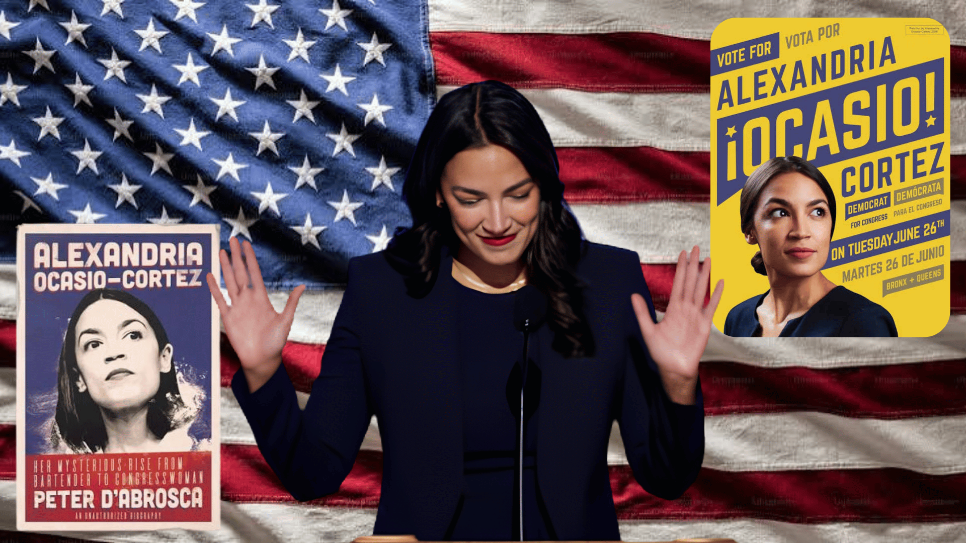 Alexandria Ocasio-Cortez with hands raised against an American flag, flanked by campaign materials.