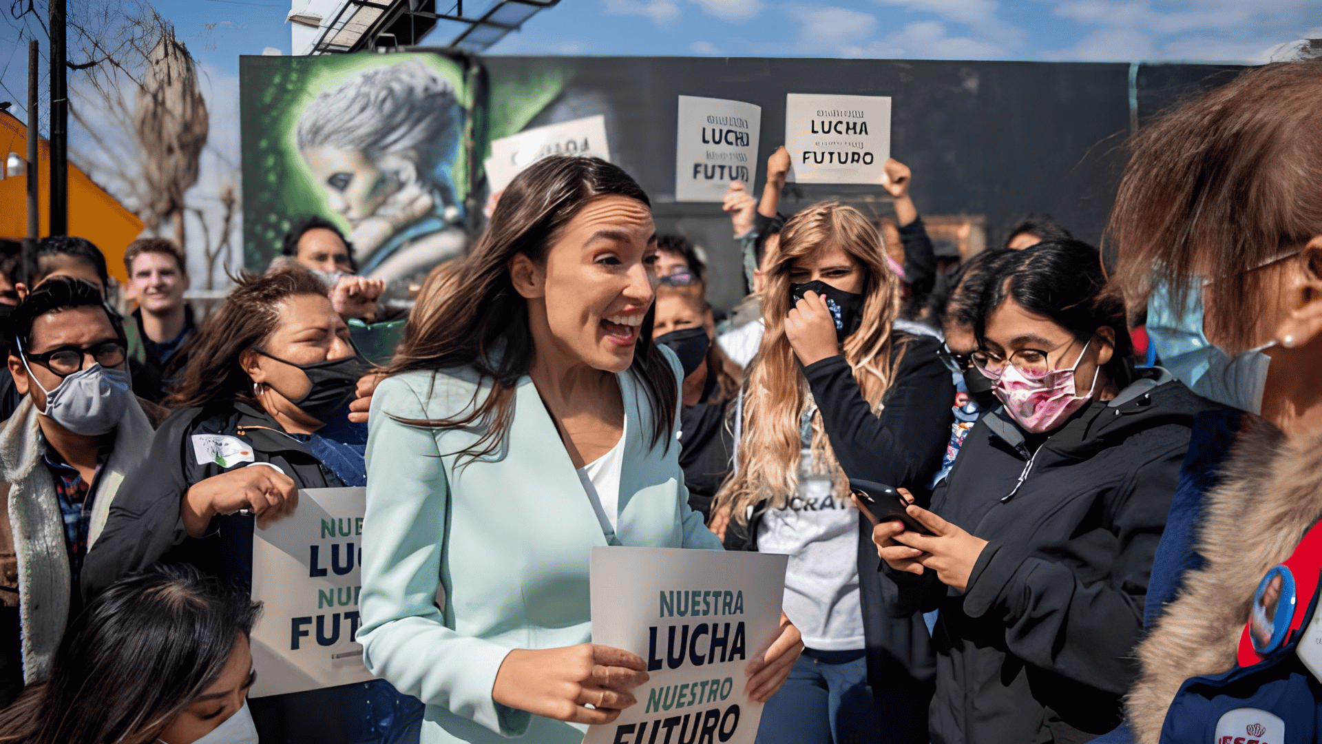 Alexandria Ocasio-Cortez holding a sign that reads 'Nuestra Lucha Nuestro Futuro' at a rally.