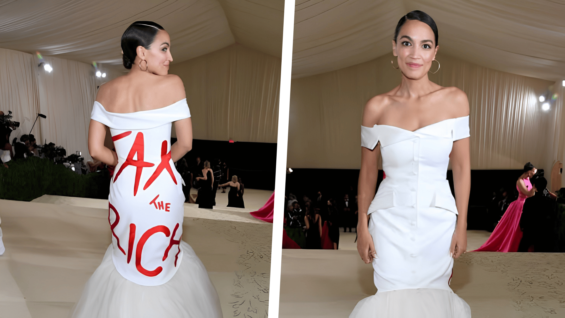 AOC wearing a white gown with 'Tax the Rich' written on the back at the Met Gala.