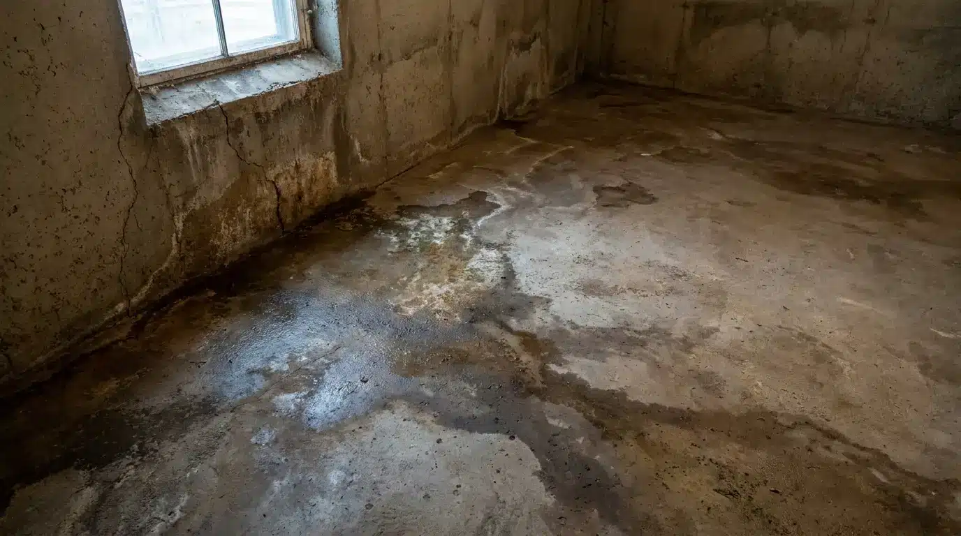Damp basement corner with concrete floor showing water damage and mold near window