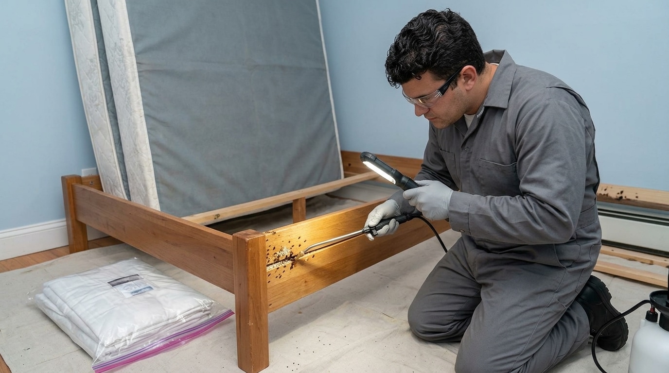 Technician treating wooden bed frame for pests in a blue-walled room wearing protective gear
