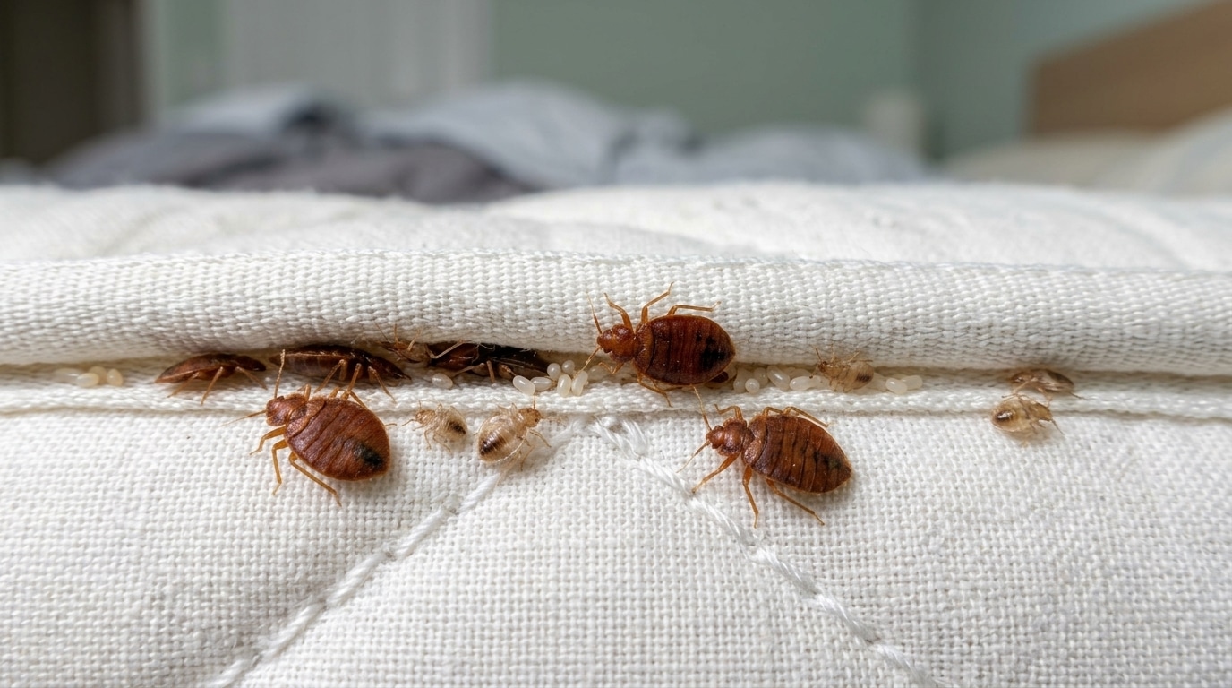 Bed bugs and eggs on a white mattress seam in a dimly lit bedroom