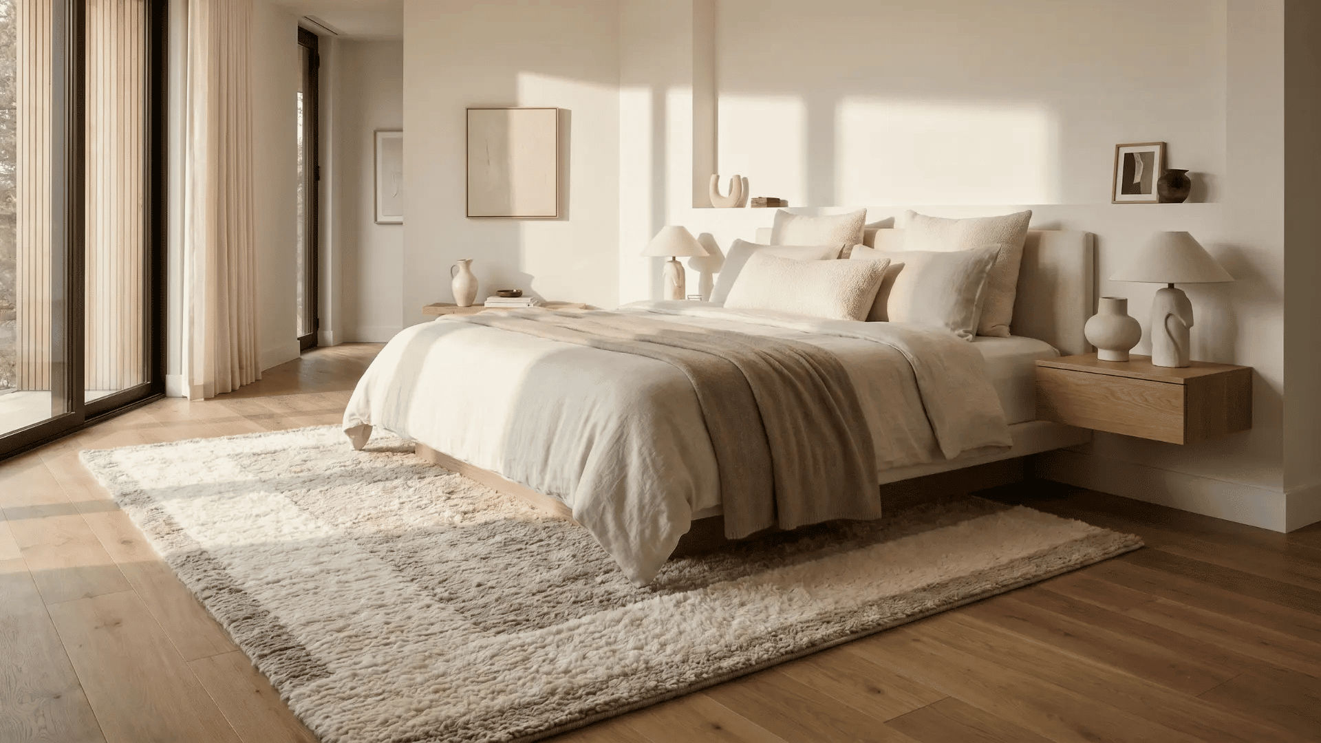 Bedroom rug size showing a large rug placed under a bed with exposed wooden flooring