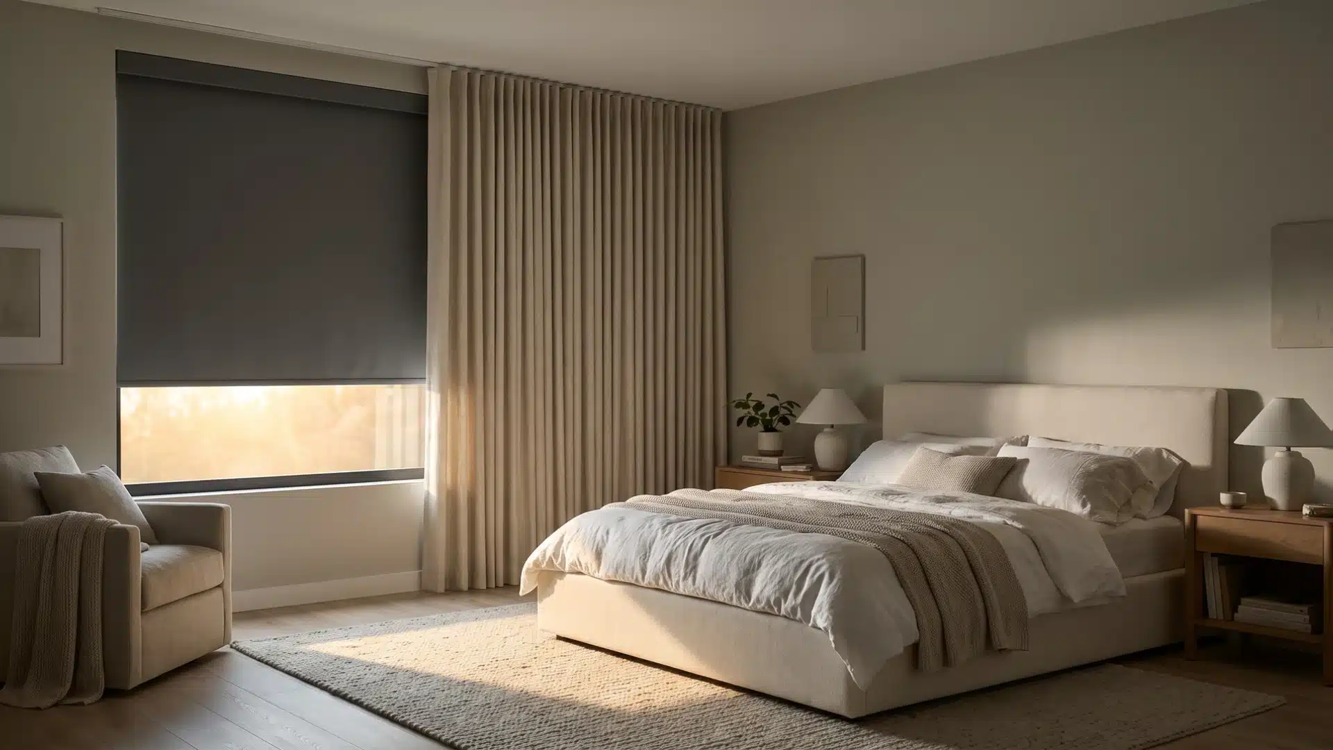 Bedroom with south-facing window and blackout shades controlling sunlight