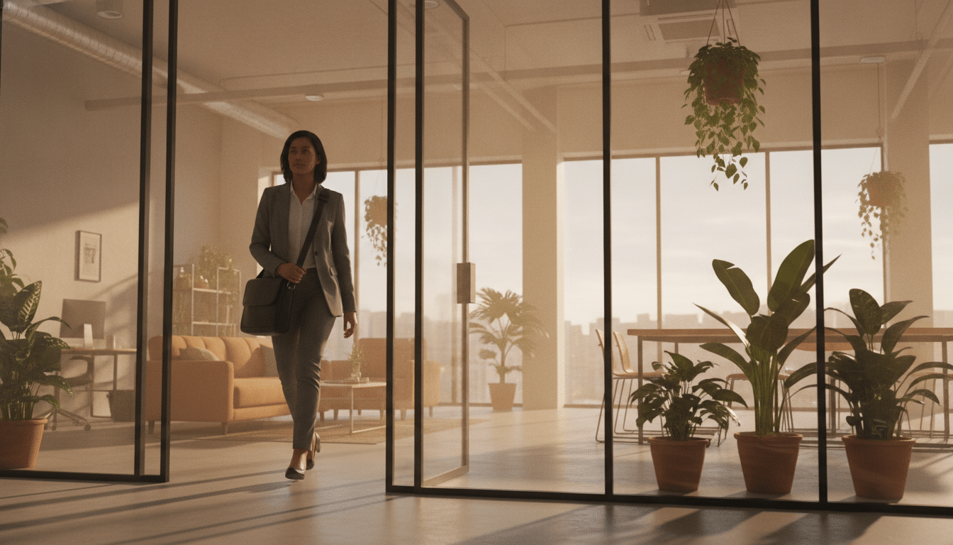 Businesswoman walking through modern office with glass walls and potted plants in warm light