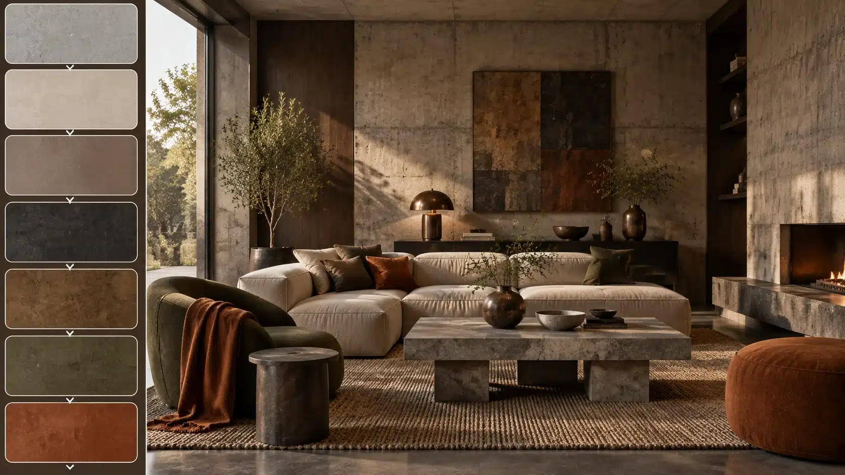 Warm brutalist interior with concrete walls, taupe furniture, charcoal accents, bronze details, and earthy colors creating a cozy space