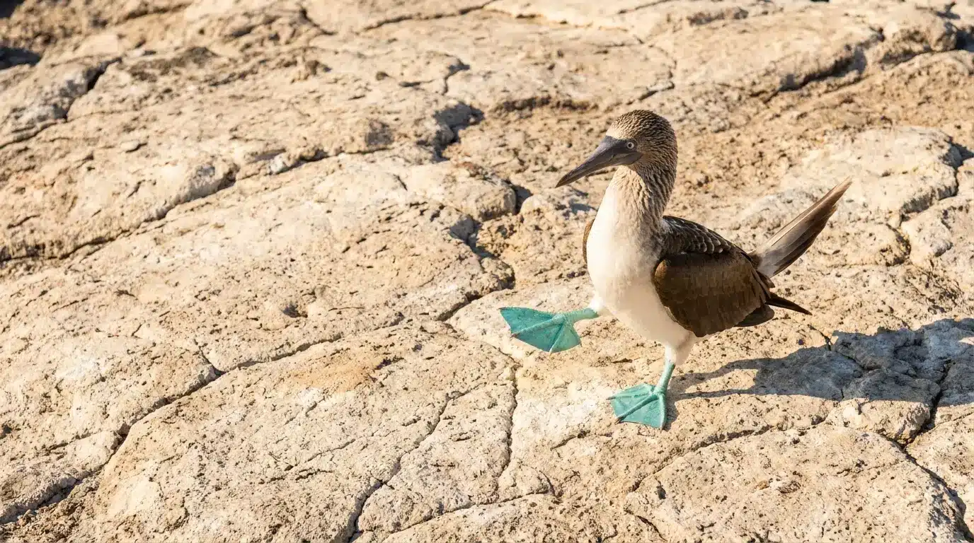 Blue-footed booby bird standing on rocky terrain in bright sunlight
