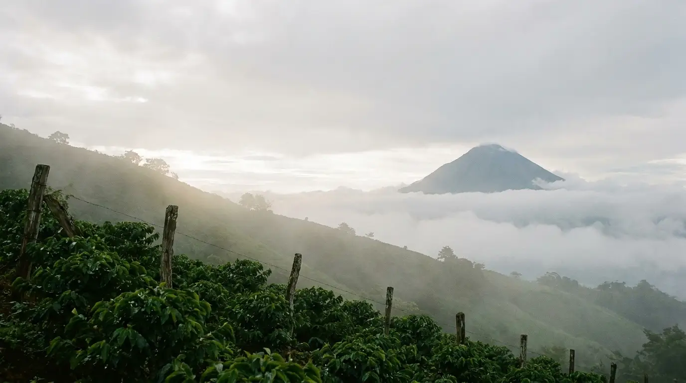 Lush coffee plantation on misty hillside with distant volcano under cloudy sky