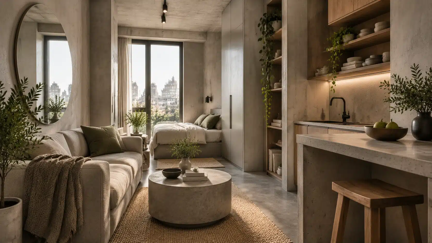 Small brutalist apartment with concrete walls, warm wood, natural light, and minimalist furniture