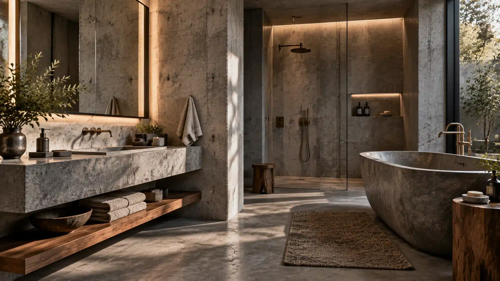 Brutalist interior with warm walnut furniture, oak flooring, wooden shelves, and natural wood details balancing concrete surfaces