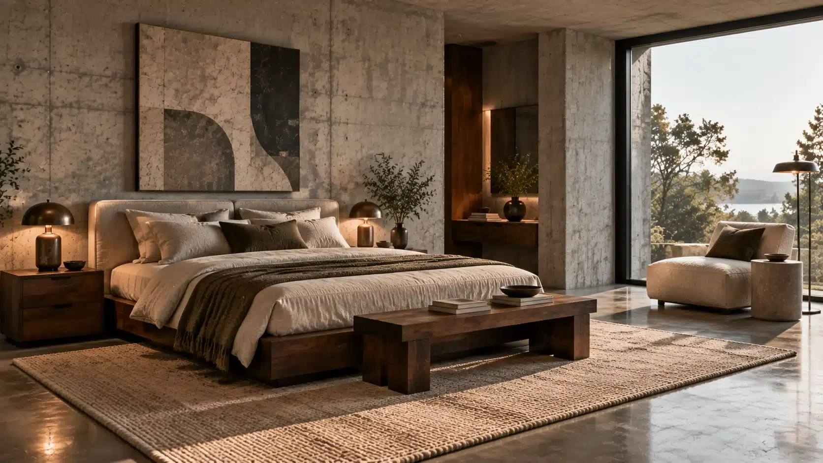 Brutalist bedroom with concrete walls, a low platform bed, dark metal accents, warm lighting, and natural wood details