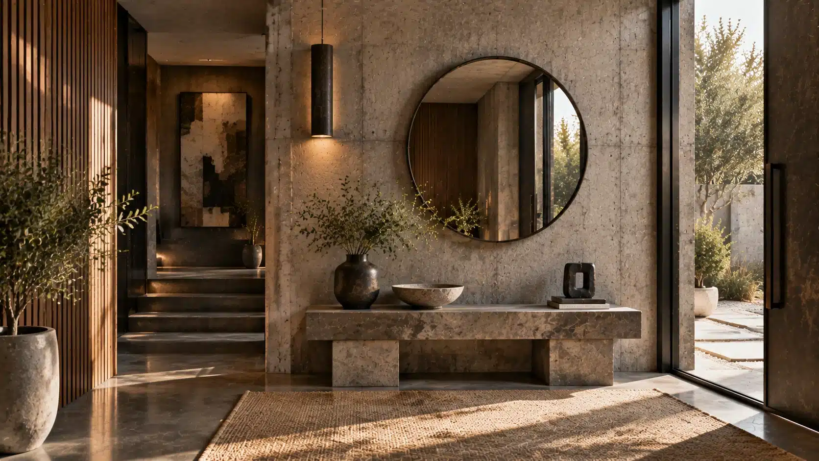 Brutalist entryway with textured concrete walls, sculptural bench, round mirror, dark accents, and warm natural lighting