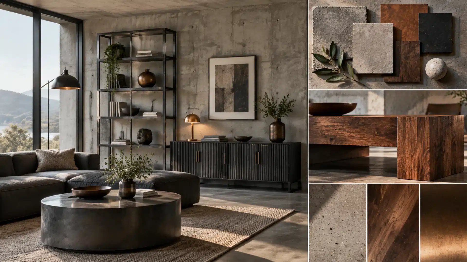 Brutalist interior design featuring concrete, wood, metal, and textured materials with a warm minimalist living space.