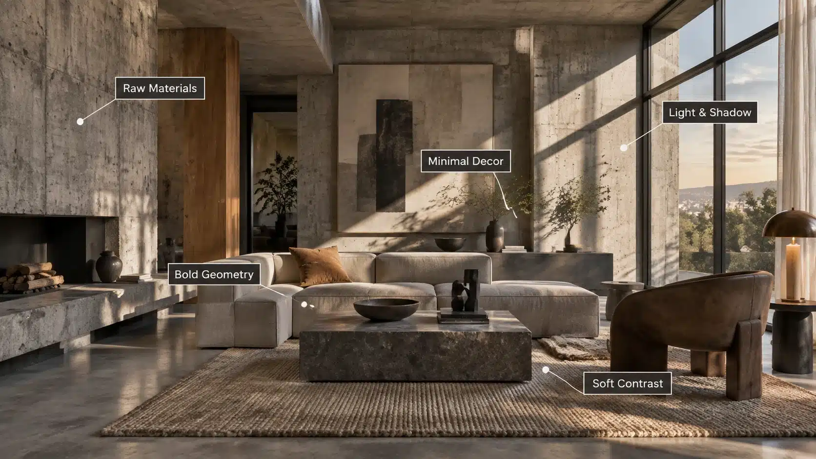 Brutalist interior design living room with raw concrete walls, bold geometric furniture, minimal decor, soft textures, and natural light