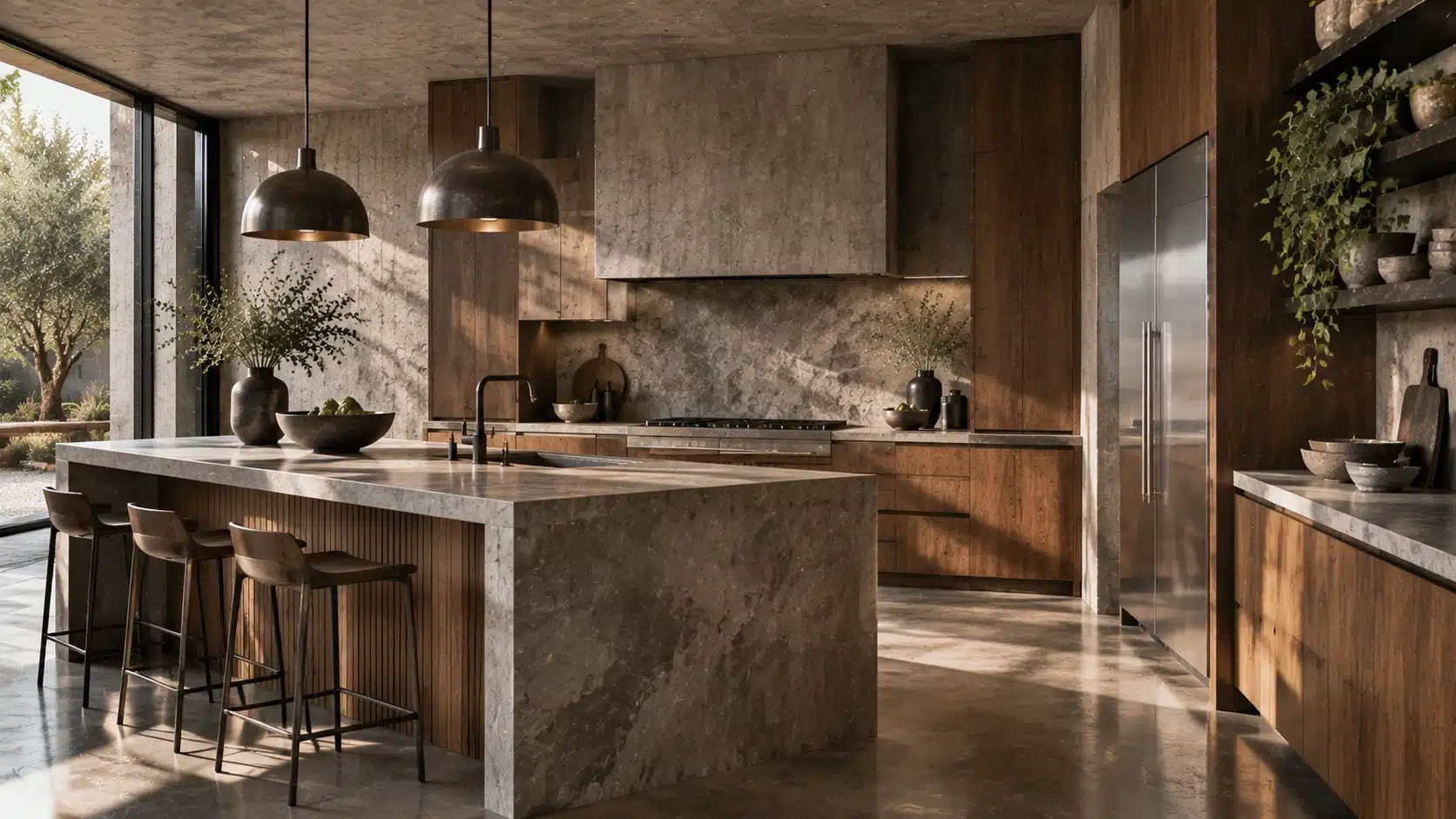 Brutalist kitchen with concrete countertops, walnut cabinetry, stone backsplash, black fixtures, and stainless steel accents