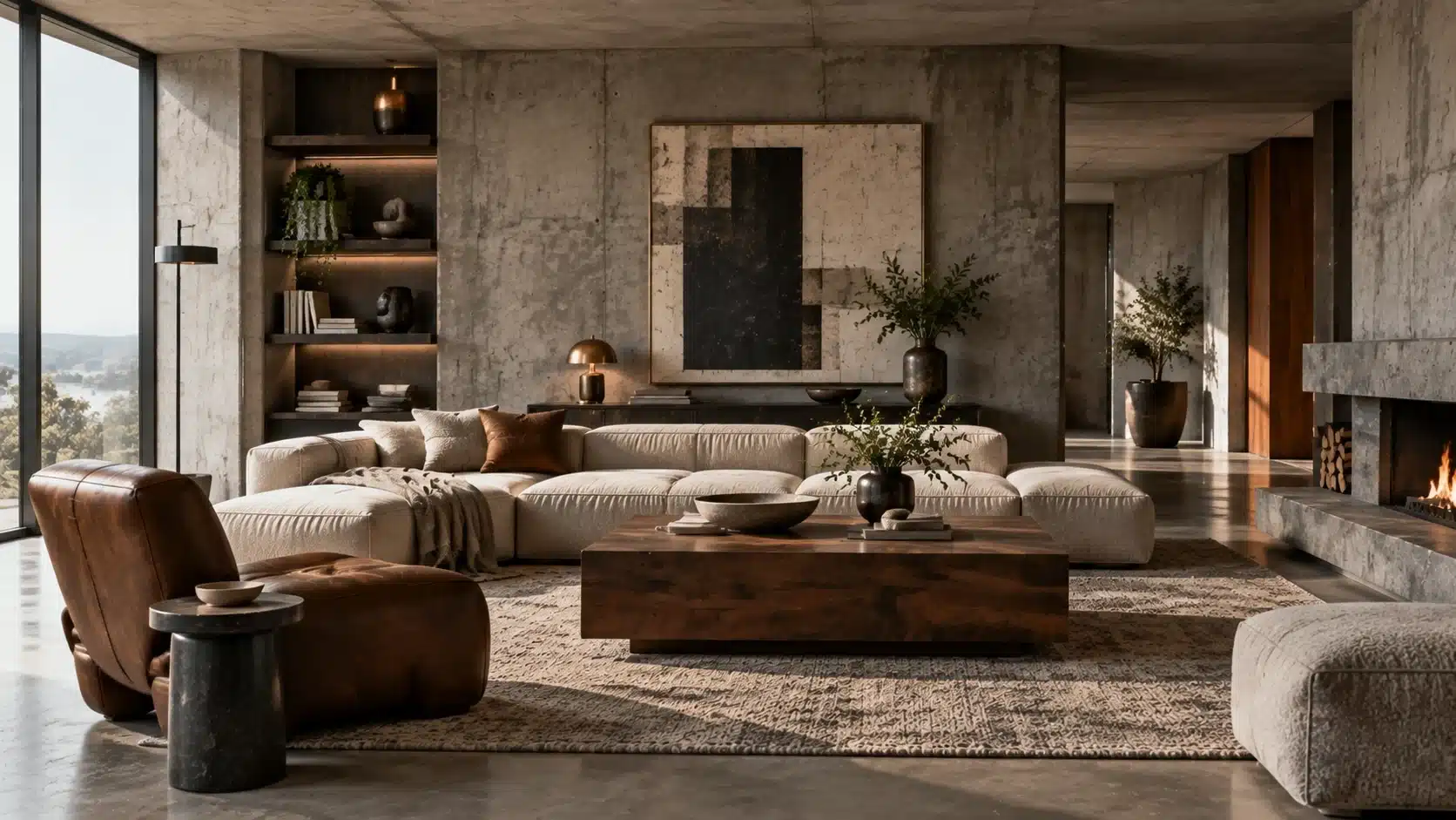 Brutalist living room with concrete walls, sculptural furniture, warm wood accents, textured rug, and natural light