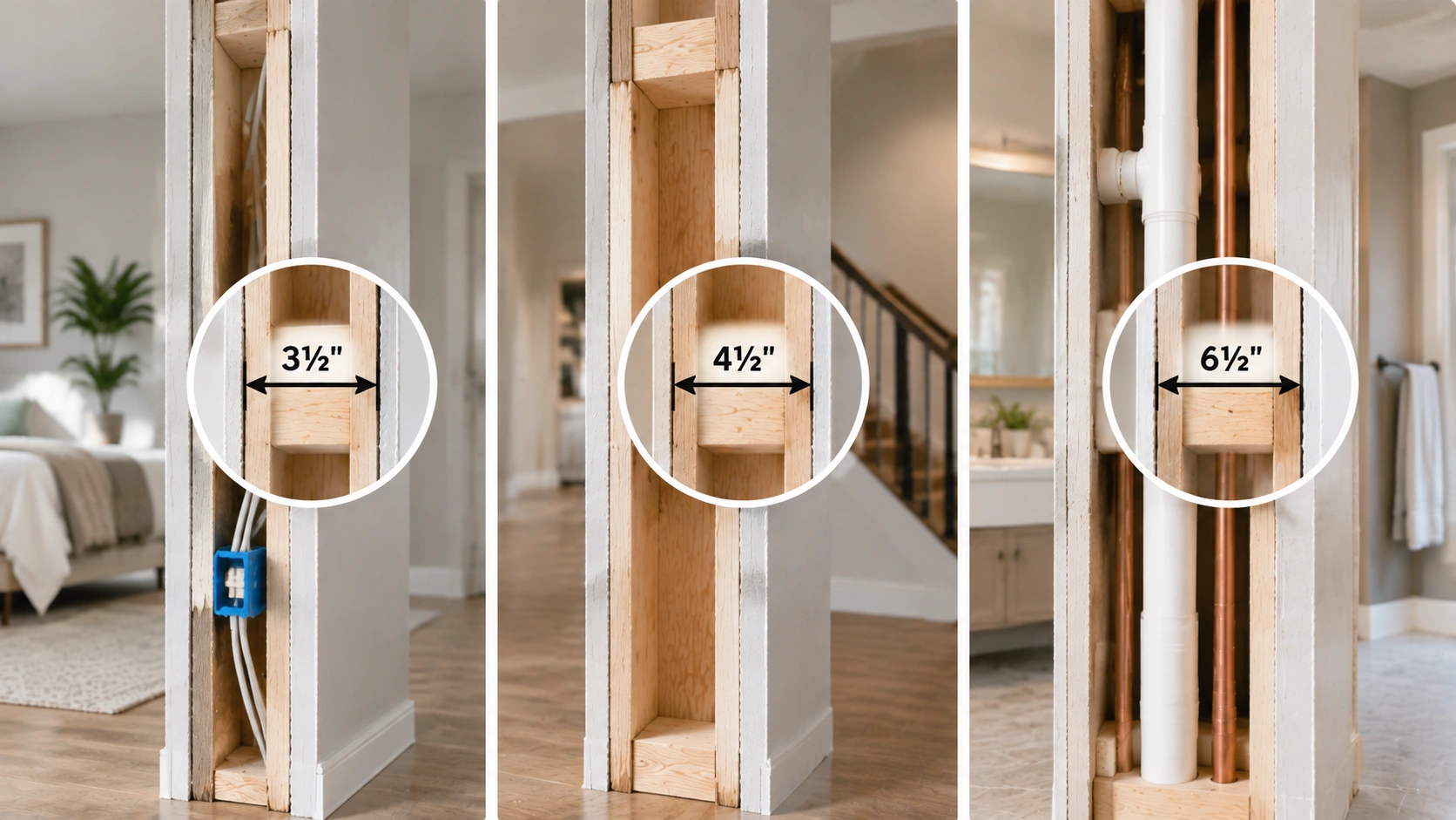 Interior wall thickness by building code showing nonbearing, load-bearing, and plumbing wall measurements