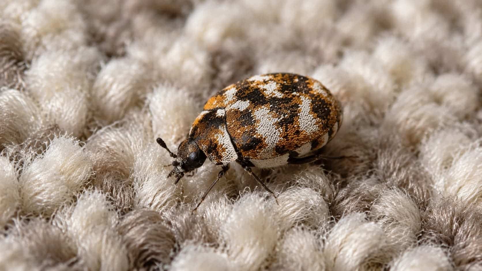 A carpet beetle crawling on a textured wool carpet with detailed fibers visible.