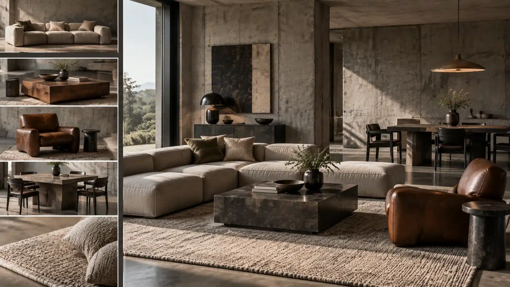 A brutalist interior with bold sculptural furniture, natural wood, leather seating, and soft textures balancing concrete and metal elements.