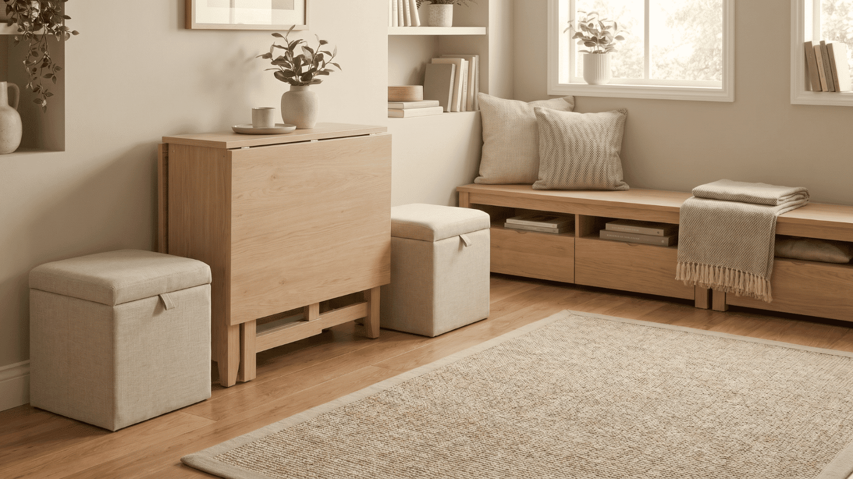 Morning room featuring flexible furniture including a storage bench, ottomans, and open shelving.