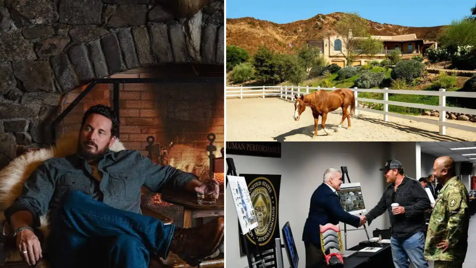 Collage showcasing Cole Hauser’s ranch home, lifestyle, and military foundation charity involvement.