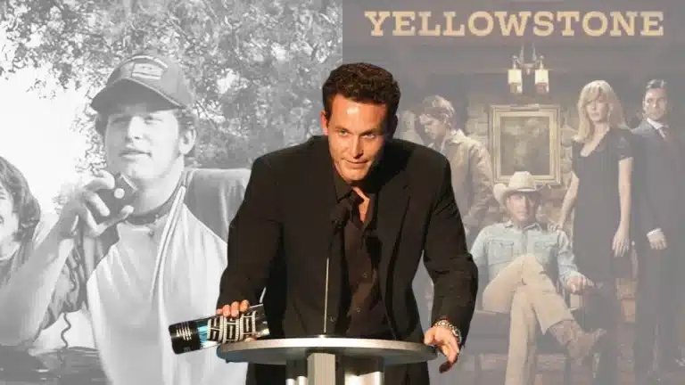 Cole Hauser net worth image showing the actor's portraits with pictures from his actinng career and the poster of Yellowstone.