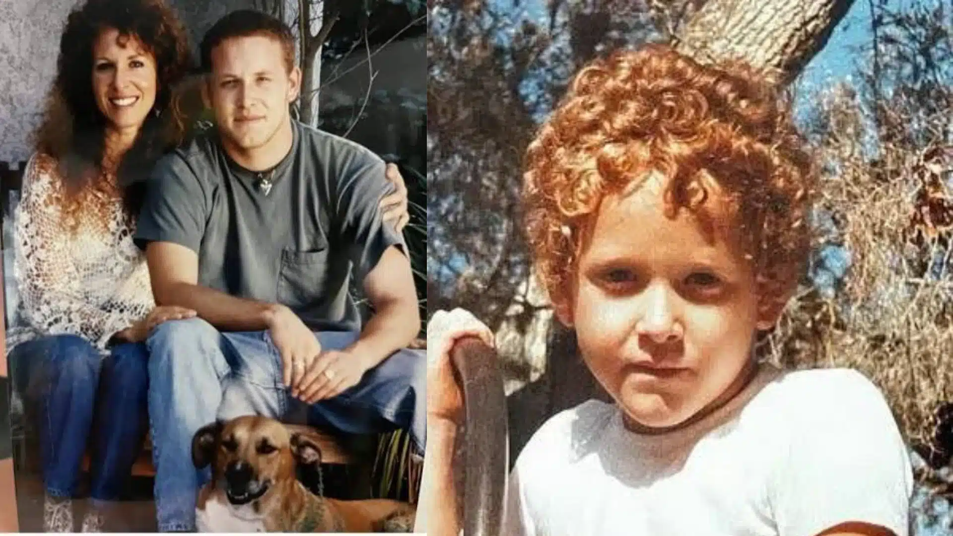 Side-by-side childhood photos of young Cole Hauser with family members.