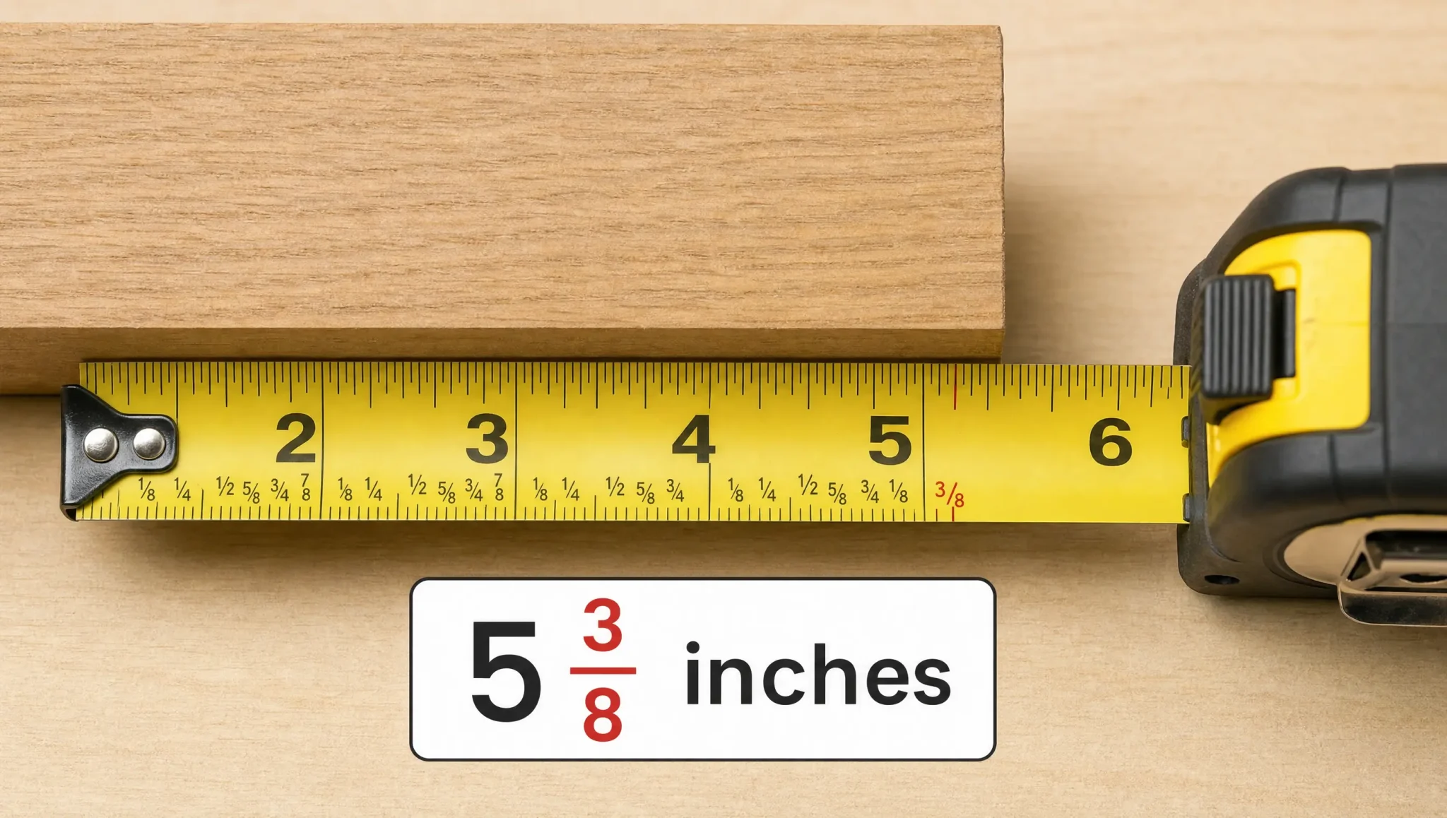 Tape measure showing a wooden board measuring 5 3/8 inches by combining the whole-inch mark with a fractional reading.