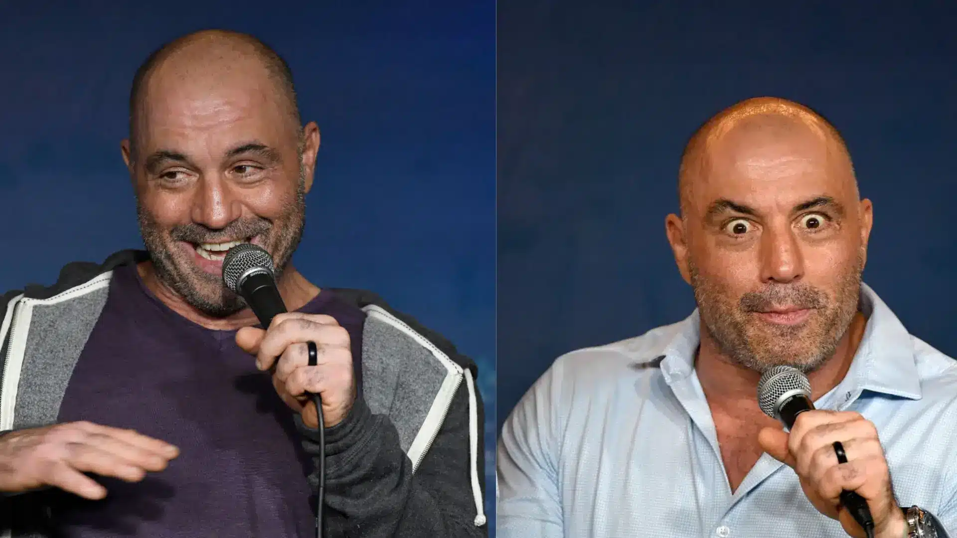 Side-by-side photos of Joe Rogan holding a microphone and making different expressions during public appearances.